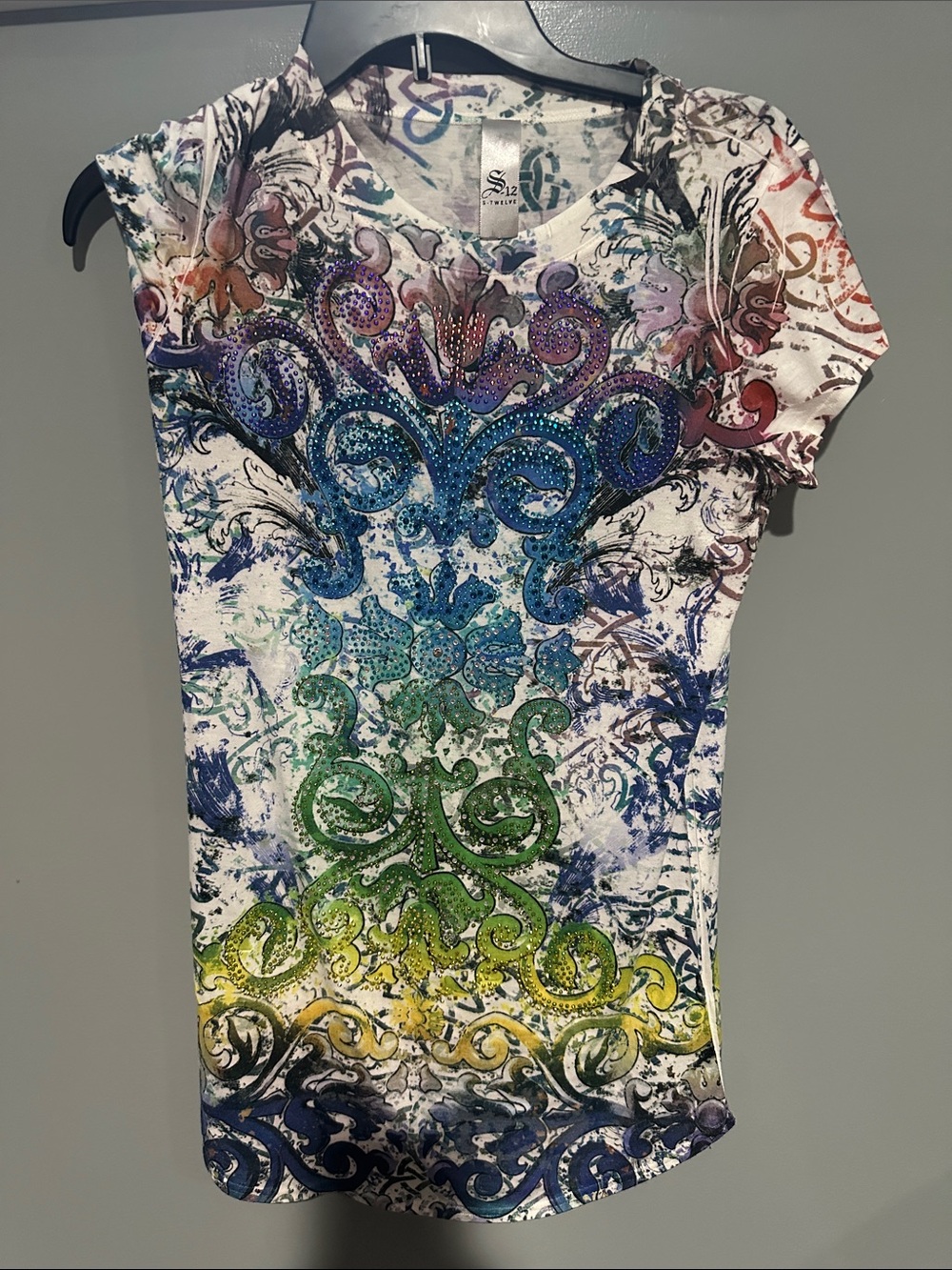 S-Twelve Multicolor Short Sleeve Rhinestone Accent Tee